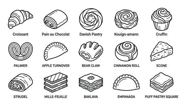 Collection of various delicious baked pastries and desserts are depicted in simple black and white outline illustrations