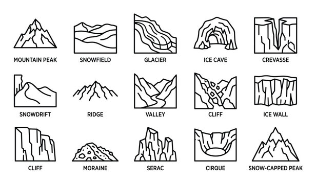 Collection of fifteen distinct black outline icons representing various mountain and glacial landforms