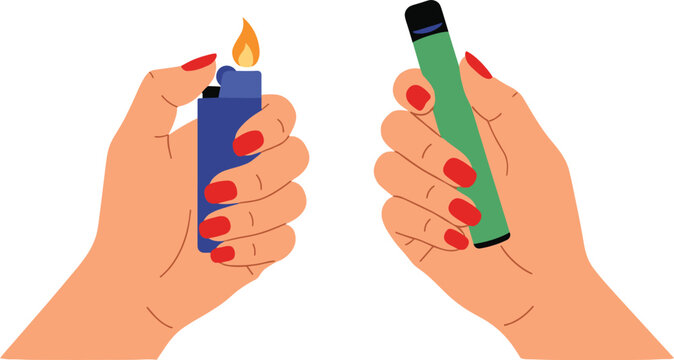 Hands Holding Lighter and Vape Device Illustration Featuring Female Hands with Red Nails in Flat Vector Style for Lifestyle and Smoking Concept