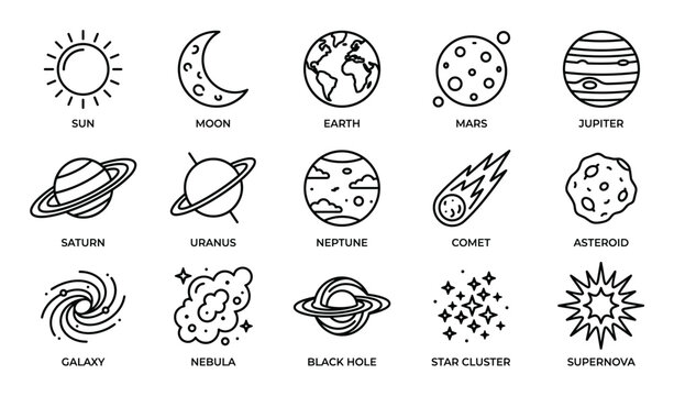 Comprehensive set of fifteen black outline icons representing various celestial bodies and astronomical phenomena