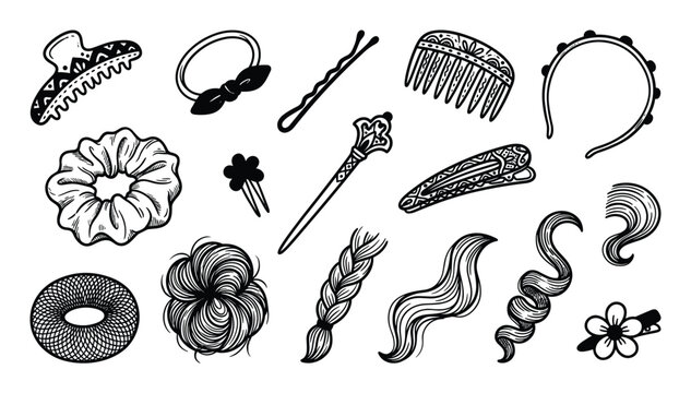Collection of various hand-drawn hair accessories and styles in black and white