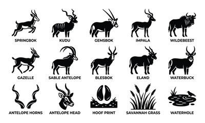 Obraz premium Collection of black and white African antelope and wildlife icons, including various species, horns, and habitat elements