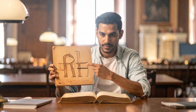 A focused scholar examines ancient Sumerian pictograms from an open book in a library setting, highlighting historical language study.