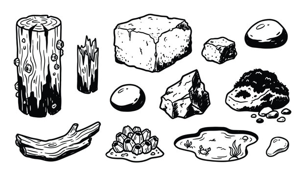 Collection of various natural elements including wood, rocks, and water in a hand-drawn, black and white illustration style