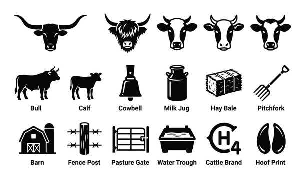 Collection of black and white farm animal and ranching icons