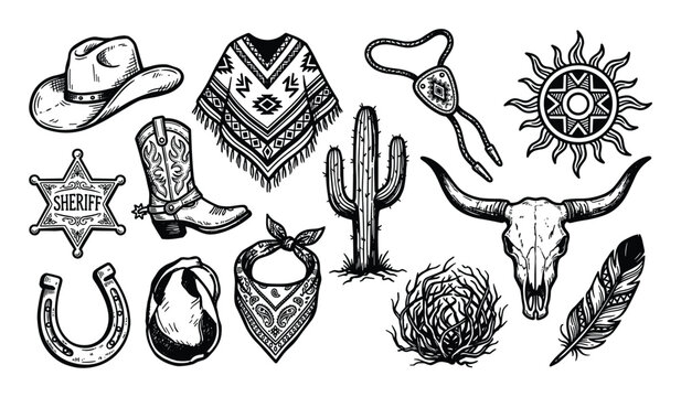 Collection of hand-drawn black and white cowboy and western-themed elements