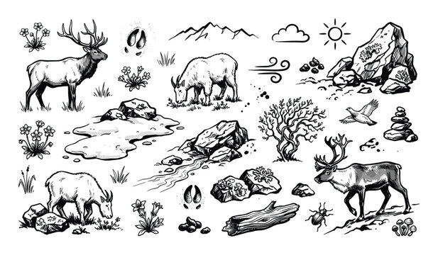 Collection of hand-drawn wildlife and nature elements including elk, mountain goat, caribou, rocks, plants, and weather icons in a black and white sketch style
