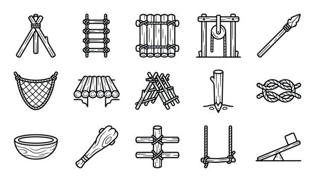Collection of various hand-drawn camping and survival gear icons in a clean black and white line art style