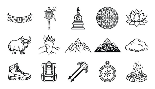 Collection of black outline icons representing various elements of Himalayan culture and trekking