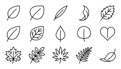 Fototapeta premium Collection of diverse black outline leaf icons, showcasing various shapes and botanical styles