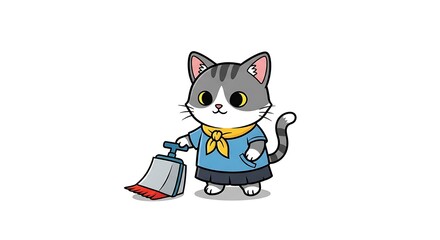 Obraz premium A cartoon cat, wearing a blue outfit and yellow scarf, holds a cleaning broom. It has grey tabby stripes