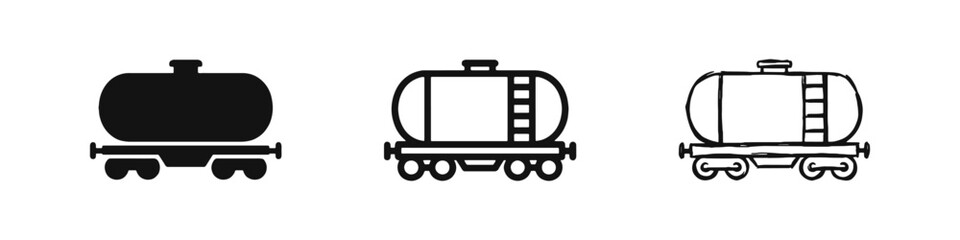 Railway tank car oil tanker wagon icon set in solid, outline and hand-drawn doodle styles © drawing lines
