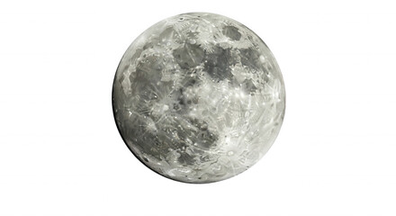 Naklejka premium A full moon isolated against a pitch black background, showing detailed lunar craters, grey rocky textures, and bright white surface highlights