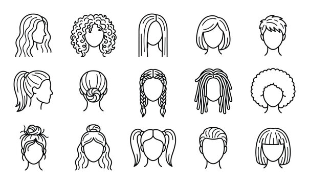 Diverse collection of various hairstyles and haircuts for men and women, presented as simple black outline icons