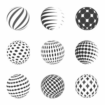 geometric sphere collection black and white patterned orbs on white background
