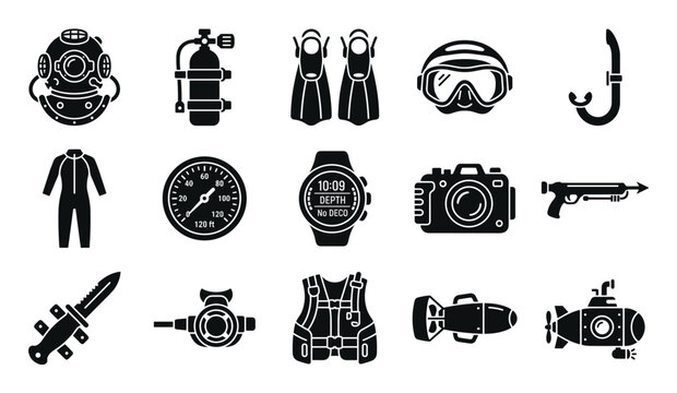 Collection of black silhouette diving equipment icons, representing various underwater activities