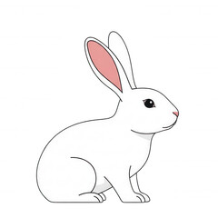 Fototapeta premium A side profile of a white rabbit with pink inner ears, black outlines, and a solid black background, style