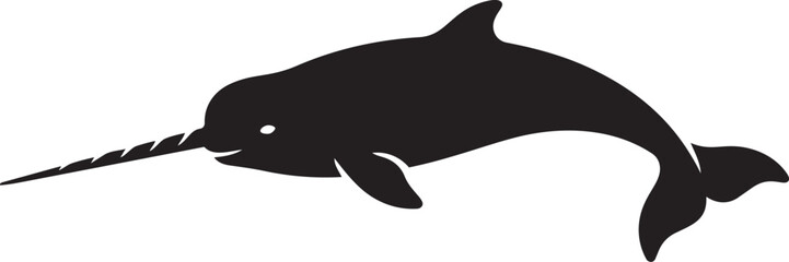 Black silhouette of a narwhal with a long tusk a marine mammal icon for oceanographic or fantasy themes isolated on white © Laiba