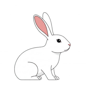 A side profile of a white rabbit with pink inner ears, black outlines, and a solid black background, style