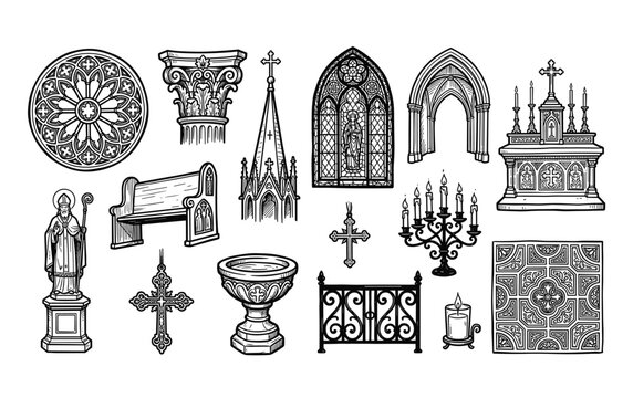 Collection of hand-drawn religious and architectural elements, including a rose window, column, spire, stained glass, and altar