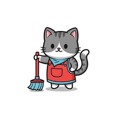 Fototapeta premium A cartoon cat, wearing an apron and holding a broom. The character is smiling, with a gray and white tabby pattern and light-blue highlights