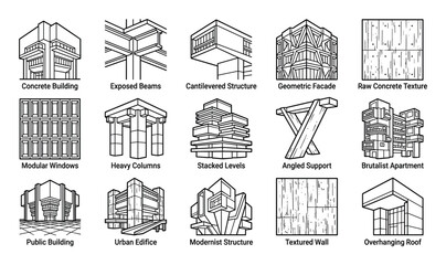 Naklejka premium Collection of black and white line art icons depicting various brutalist architectural elements and building styles