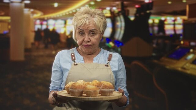 Woman baker holding a wooden tray of muffins and looking skeptical on a casino slot floor, apron visible; weary hospitality.