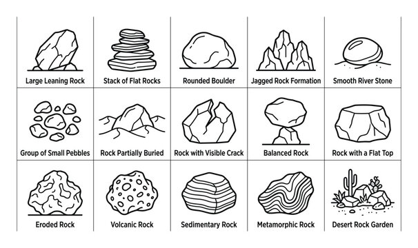 Collection of various rock types and formations, depicted as simple black and white outline icons