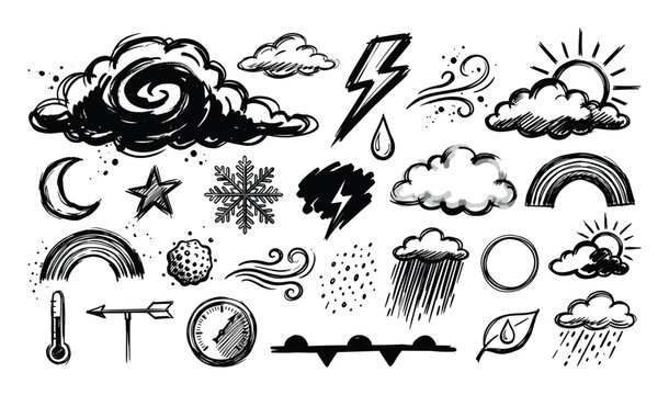 Hand-drawn black and white weather icons including clouds, sun, rain, lightning, and wind