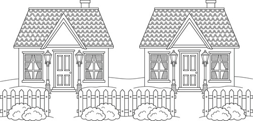 Fototapeta premium Cute House Illustration with Fence and Garden Featuring Cozy Cottage Exterior in Detailed Black and White Line Art Vector Style for Coloring and Design