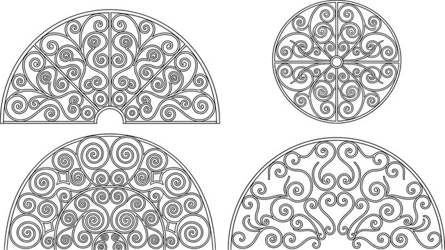 Ornamental Ironwork Pattern Set Featuring Decorative Circular and Arch Designs with Elegant Swirls in Vintage Black Line Art Vector Style