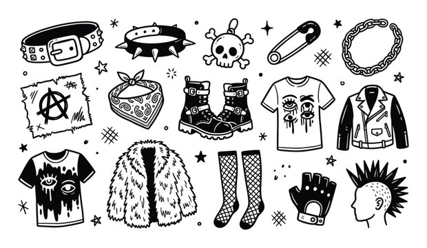 Collection of black and white punk rock fashion accessories and clothing items