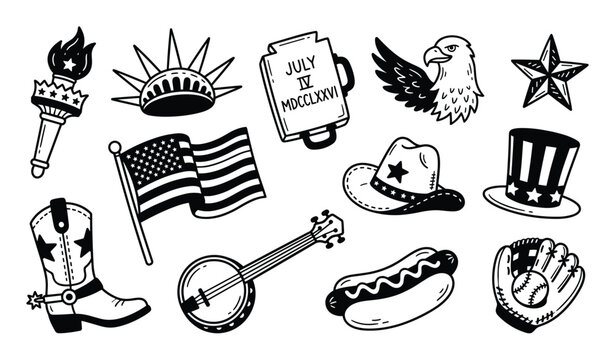 Collection of black and white American patriotic and cultural doodle icons