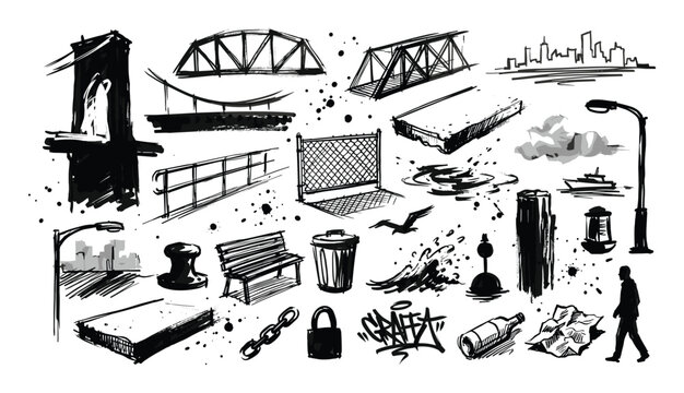 Collection of hand-drawn urban elements and city objects in a rough, black and white sketch style