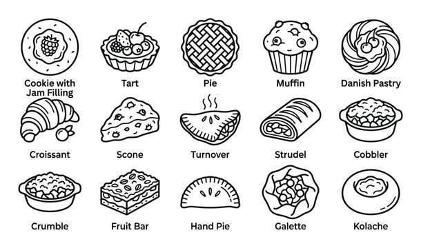 Collection of various baked goods and pastries in a simple black and white line art style