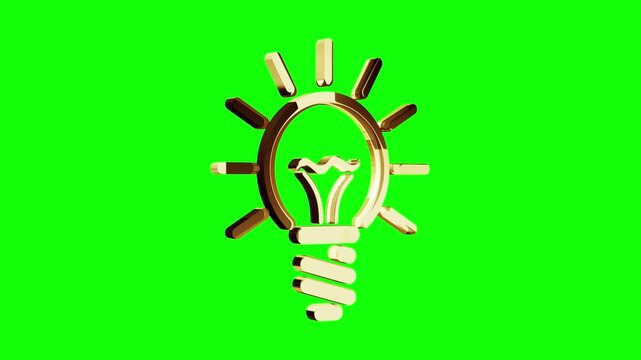 Bulb inspiration idea and creative concept symbol isolated loop. Abstract 3d golden metal icon seamless and loopable animation on green screen.