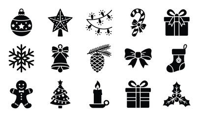 Fototapeta premium Collection of black silhouette Christmas holiday icons including ornaments, gifts, and festive decorations