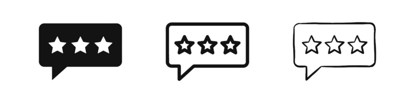 Rating speech bubble with three stars icon set for feedback and review in flat, outline, and doodle styles
