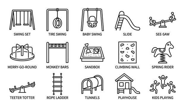 Comprehensive collection of playground equipment icons in a clean, minimalist outline style
