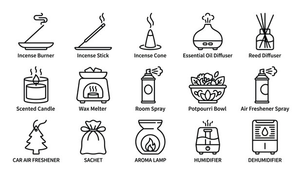 Comprehensive collection of various air freshener and aroma diffuser outline icons