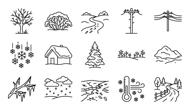Collection of fifteen black outline winter weather and landscape icons