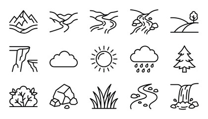 Obraz premium Collection of fifteen simple line art icons representing various natural landscape elements and weather phenomena