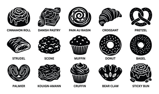 Comprehensive collection of black and white pastry icons, including cinnamon rolls, croissants, donuts, and bagels