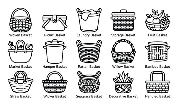 Comprehensive collection of various outline basket icons, including woven, picnic, laundry, and fruit baskets, presented