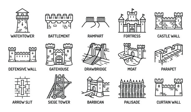 Collection of black outline medieval castle defense icons