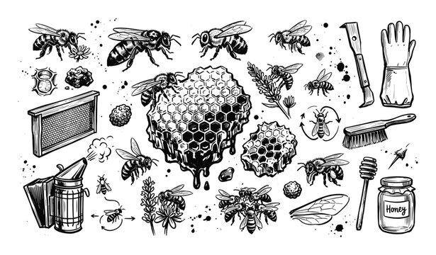 Detailed black and white ink illustrations of various honey bees, beehives, and beekeeping tools