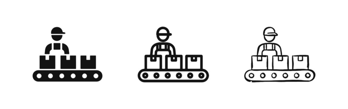 Factory worker on conveyor belt assembly line icon set in flat, outline, and doodle styles