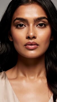 Studio portrait of a poised young woman with flawless glowing skin, glossy lips, and long dark wavy hair wearing a silk blouse against a neutral backdrop, close-up beauty