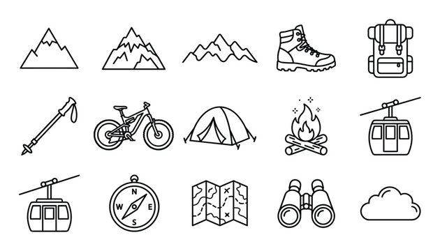 Collection of black outline icons representing various outdoor adventure and hiking activities