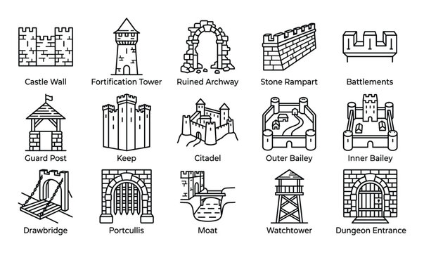 Comprehensive set of fifteen distinct castle and fortress elements, depicted as simple black outline icons